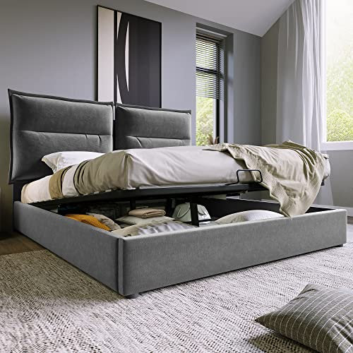 BTM Polsterbett,Doppelbett mit Stauraum, Bett mit Lattenrost, Verstellbares Kopfteil, Hydraulisch Bettgestell Stauraumbett-Jugendbett,Samt 140x200 cm (Grau)