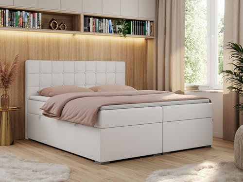 MKS MEBLE Boxspringbett 160x200 mit Bettkasten, Bett 160x200 mit Stauraum und Kopfteil, Polsterbett mit Multipocket - Matratze H3 und Topper - Carmen - Weiß Kunstleder