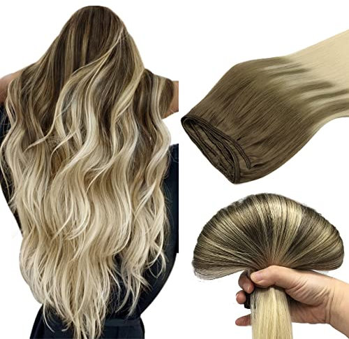 DOORES HaarverläNgerung Echthaar, Sandbraun Bis Platinblond 45cm (18zoll) 100g, Tressen Echthaar Glattes Haar Extensions Echthaar Tressen Zum EinnäHen