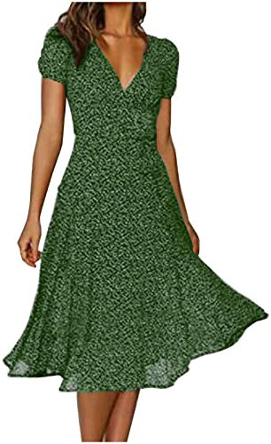 Women's Short Sleeve Maxi Dress - V Neck Floral Swing A-Line Midi Beach Boho Polka Dot Casual Loose Evening Party Elegant Wedding Guest Dress in Green