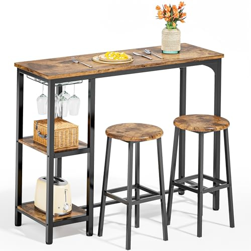 Qsun 3-Piece Bar Table Set for 2, Bar Height Table with Stools & 2 Storage Shelves, Small Bar Table Set with Glass Rack, Small Kitchen Table for Dining Room, Living Room, Rustic Brown