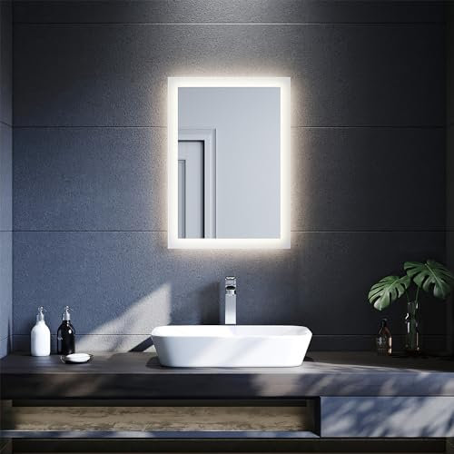 SUNXURY Badspiegel 50 x 70cm Badspiegel mit Beleuchtung WandSchalter Lichtspiegel Badezimmerspiegel 4000K warmweiß IP44 Energiesparend