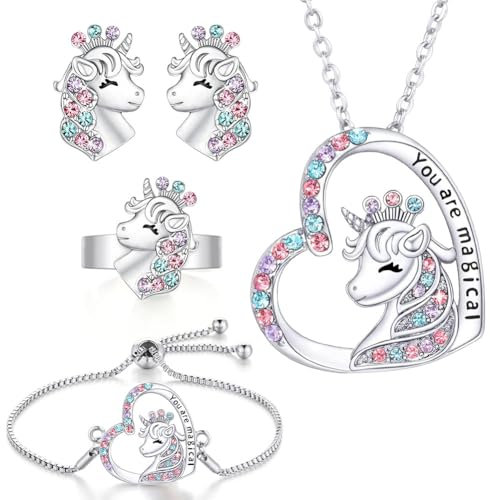 OSDUE Einhorn Schmuckset Mädchen, Einhorn Kinderschmuck Enthalten Halskette, Ringe, Armbänder, Ohrring, Schmuck Set für Party Dress Up Geschenk, Mit Bunter Geschenkbox (5 Stück)