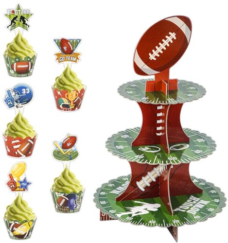 NQEUEPN Fußball Cupcake Ständer, Rund 3-Stöckiger Dessertturm mit Kuchendeckel und Geschenkpapier für 10 Cupcakes für Super Bowl Party Dekorationen