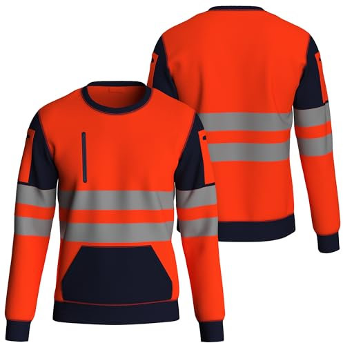 NOROZE High Visibility Long Sleeve Hi Vis Jumper - Crew Neck Fleece Hi Viz Sweatshirt Reflective Tape Safety - Mens Security Workwear Tshirt Top NVY-Org/XL