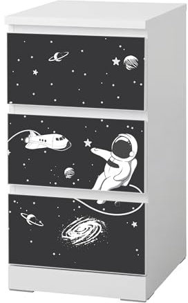Sunnywall® Möbelfolie passend für IKEA Malm Kommode Schrankfolie Aufkleber mit Astronaut im Raumschiff Motiv | blasenfrei verkleben | Kinderzimmer 3er 40 cm