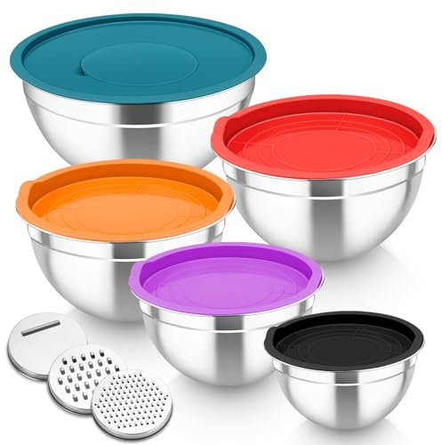 Homikit Mixing Bowls Set of 5, Stainless Steel Salad Bowls with Airtight Lids & 3 Grates, Metal Nesting Bowls for Mixing/Baking/Serving/Storing, Easy Clean - 0.7/1/1.5/2.6/4.6L (Multi-Color)