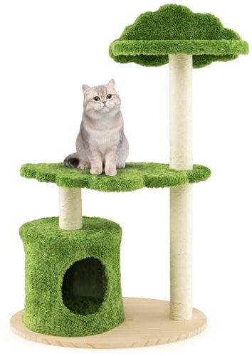 GYMAX Modern Cat Tree, Wooden Cat Tower with Scratching Posts/Board and Platforms, Multi-level Cat Play Center for Kittens & Adult Cats (3 Tiers)