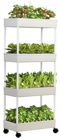 RFEGJVII - Soporte para plantas con ruedas, 4 niveles, estanterías en maceta, estante rodante interior y exterior, plástico exterior, terraza, jardín, balcón, dormitorio, sala de estar,