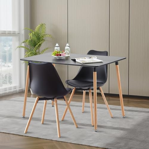 LafeuR Juego de comedor con 2 sillas, juego de mesa de cocina rectangular para cocina, comedor y sala de estar (mesa negra+2 sillas de comedor negras)