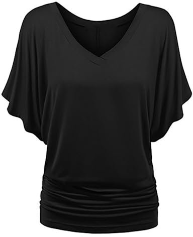 crazynekos Women Boat Neck Top Short Sleeve T Shirt Casual Solid Color Side Ruched Shirts (Black,5XL,Regular,Regular,5XL)