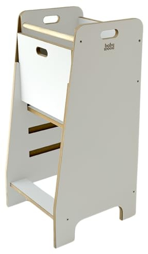 Lernturm aus Holz extra sicher | Montessori Küchenhelfer | Küchenhelfer | Verstellbare Plattform | Kitchen Helper | Sichere Küchenmöbel | Küchentreppe eingebettet (Weiss)