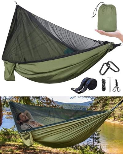 Hamaca para exteriores con mosquitera, carga de 160 kg, transpirable, ultraligera, de nailon, para camping, senderismo, con mosquetón, correas de nailon, cuerdas tensoras, clavos