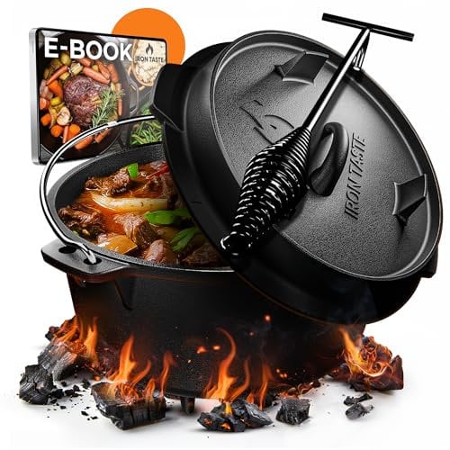 IRON TASTE Dutch Oven Set 9L - Eingebrannter Dutch Oven 9 Liter - Feuertopf Gusseiserner Topf mit Füßen & mit praktischem Deckelheber [für 6-10 Personen]