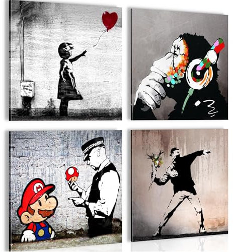 Novart Bilder - KEIN EXTRA RAHMEN BENÖTIGT - Wohnzimmer Schlafzimmer Flur - Bilder Modern Banksy Collage - Grau Bunt - N037043a