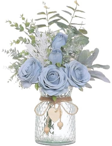 CAKEEYUM Fiori Artificiali in Vaso, da 14, 5x11 Pollici di Pinza di Rose fauci in Vaso, Fiori di Seta con Foglie Verdi, Finti per Il centrotavola da Tavolo da Ufficio Cucina, Blu