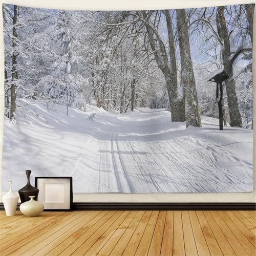 Wandteppiche Blauer Weißer Bergpfad Mit Langlaufskiern, Straße Und Bäumen Groß Wandteppich Deko Wandtuch Für Balkon Apartment Zimmer M