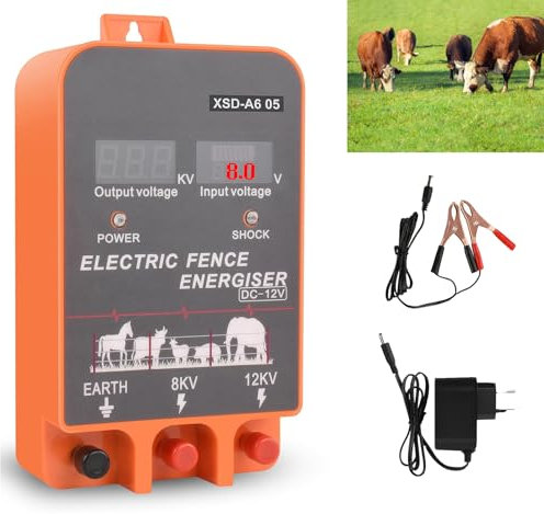 230V Weidezaungerät 8~12V mit LED Anzeige, Elektrischer Weidezaun 2J Output für 10 km Reichweite, Output/Input Display Eelektrozaun für Schutz von Nutztieren,Haustieren,Geflügel, Hausweide,Gärten