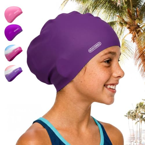 KIDVERSE Badekappe Kinder Lange Haare - Schwimmhaube Kinder mit Anti-Rutsch-Noppen - Badekappen für Schwimmer mit UV Schutz - Badehauben für Lange & voluminöse Haare