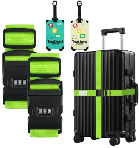 2 Stück Koffergurt Set mit Zahlenschloss und 2 Stück Kofferanhänger Flugreise, Verstellbarer Kofferband Gurt 200 * 5cm für 10-34in Koffer, Koffergurt Auffällig, koffergurte mit Zahlenschloss (Grün)