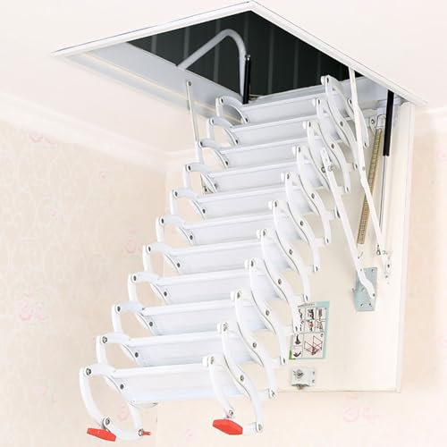 Dachbodenleiter-Ausziehsystem, wandmontierte, klappbare Dachbodentreppe, einziehbare Dachbodenzugangsleiter, verdickter Kohlenstoffstahl, ideal für Dachboden, Garage, Dach, Keller (weiß 2,25 m/7,3