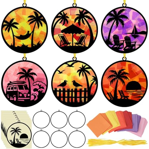 AmazingSpark 30 Pcs Summer Beach Suncatchers Paper Craft Set Hawaiian Coconut Tree Beach DIY Stained Glass Effect Tissue Paper Kits Gift Bulk for Summer Classroom Activities Art Party Decor