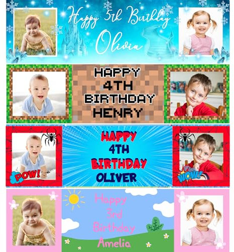 Fringoo Cartel de fiesta personalizado con fotos, decoración personalizada para niños, 160 x 45 cm, letrero de feliz cumpleaños para niñas y niños, araña