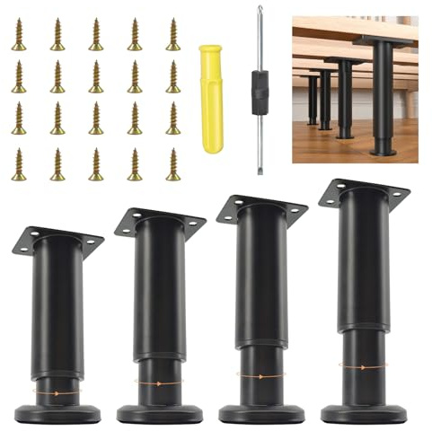 ZYNERY Lot de 4 Pied de Meuble Reglable, Pied de Lit Universels Métal avec Vis/Tournevis, Pieds de Canapé Ajustables pour Canapé/Armoires/Tables/Chaises (Noir, 12-18 cm)