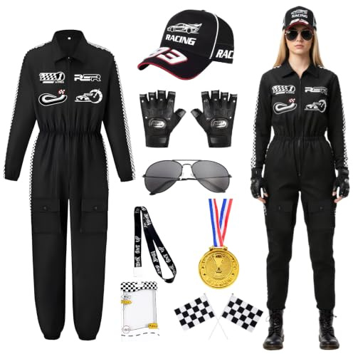COYBTO Rennfahrer Kostüm Damen, Rennfahrer Anzug Damen Jumpsuit Overall mit Handschuhe, Hüte, Rennfahrer Rollenspiel Kostüm Outfits, Racing Kostüm für Erwachsene Karneval Halloween