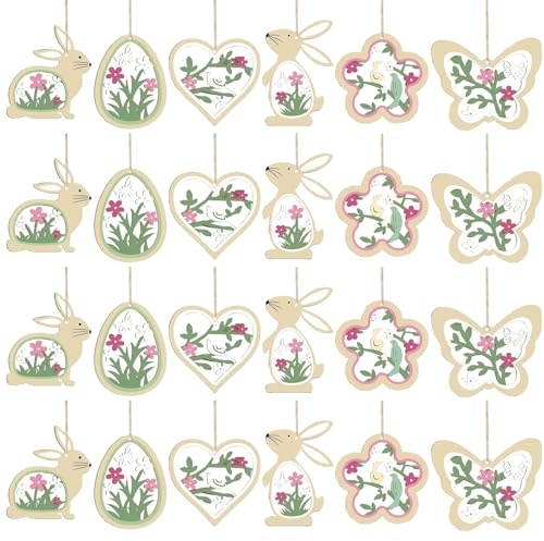 ZYEKIU 24 Pezzi Coniglietto Decorativo da Appendere Decorazioni Pasquali in Legno, Decorazione in Legno, con Foro Ciondoli Albero Pasqua Decorazioni Sospese per Soggiorno Camera da Letto (Verde)