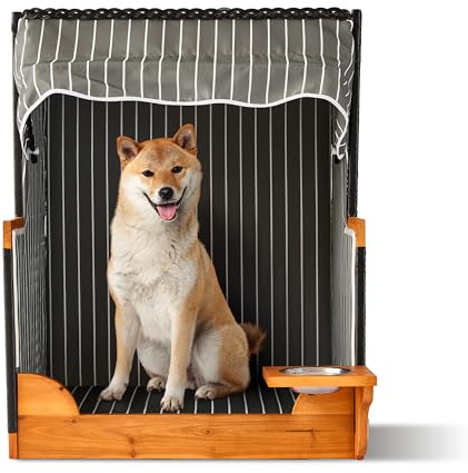 Relaxdays Hundestrandkorb, Rattan, mit Napf, Hundesessel mit Dach, HBT: 95x75x65 cm, für Garten & Terrasse, Holz, grau
