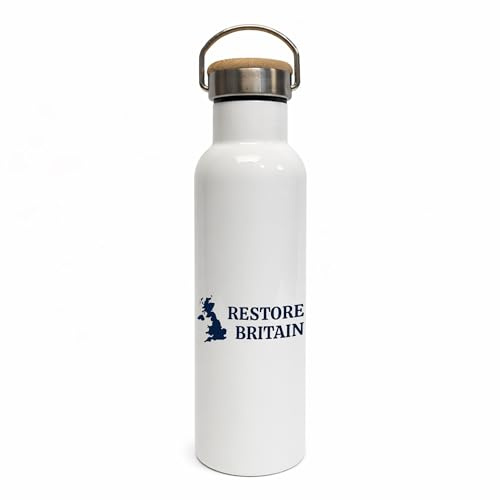 Restore Britain Stainless Steel White Water Bottle with Bamboo Lid | Reusable Metal Drinks Flask for Gym, Travel & Office | Gift Idea