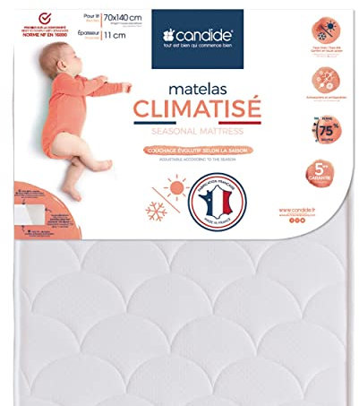 Candide - Matelas Bébé 70x140x11cm Climatisé, Matelas Bébé Évolutif, Sans Traitement, Face Hiver Ouatinée, Face Été Tissu Léger, Garantie 5 Ans, Fabriqué En France