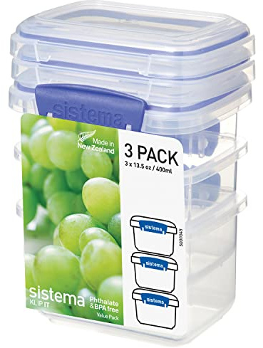 Sistema KLIP IT Food Storage Containers, Stackable Food Prep Containers with Lids, BPA-Free, Blue Clips, 3 x 400 ml