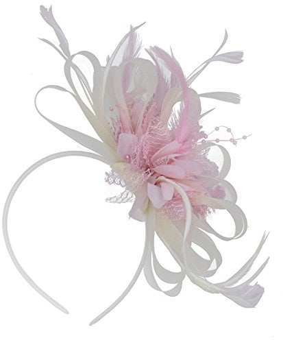 Caprilite Fashion Cream Ivory and Baby Pink Net Hoop Feather Hair Fascinator Headband Wedding Royal Ascot Races