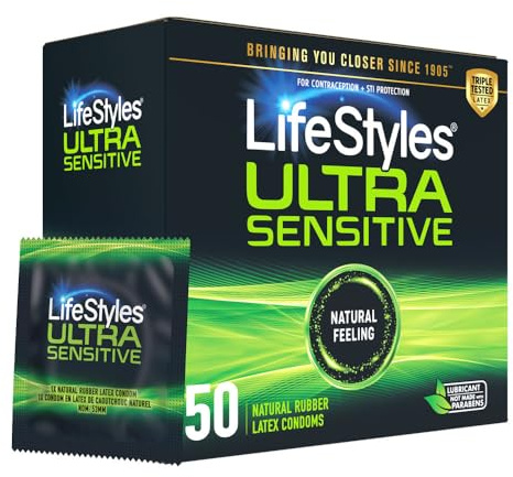 LifeStyles Ultra Sensitive Premium Lubricated Natural Latex Condoms Value Pack - 50 Count, 1 Pack - Triple Tested for Best Protection, Made with UltraGlide Silicone Lube