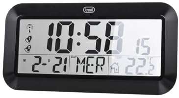 Trevi OM 3528 D Orologio Digitale Radiocontrollato con Sensore Esterno Senza Fili, Grande Display e Ampio Angolo di Lettura, Termometro, Sveglia, Calendario Multilingue, Nero
