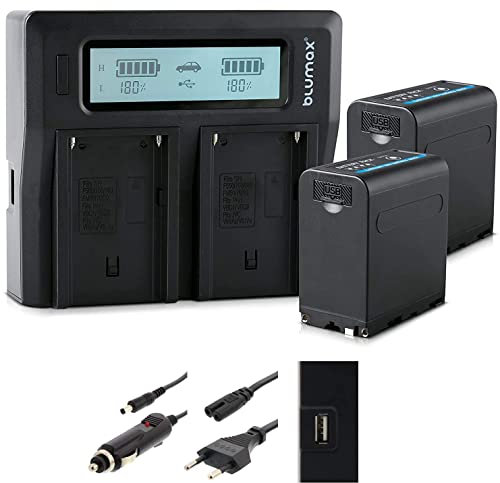 Blumax - 2 Batteries Type Sony NP-F980/F970/F750/F550/F960 à 7850 mAh - avec Chargeur Double Dual - cellules LG/Sortie USB 5V (Fonction Powerbank)/Courant d'entrée DC