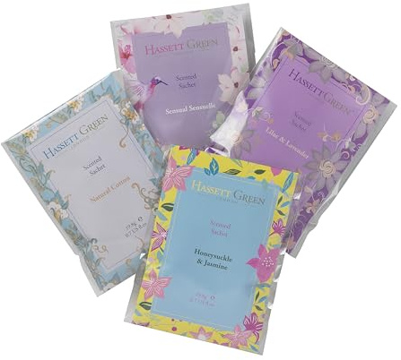 Hassett Green London - Handmade Large Scented Sachets - Four Pack - Honeysuckle & Jasmine, Lilac & Lavender, Natural Cotton, Sensual Sensuelle - For Wardrobes & Drawers