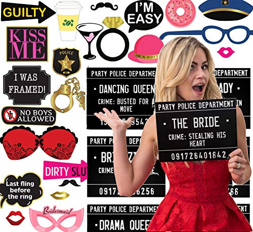 40 Unique Crimes on Fun Bachelorette Party Mugshots! Includes 34 pieces of Photo Booth Props, Game and Activity instructions included! Also a great idea for Birthdays, Gift,Party supplies!