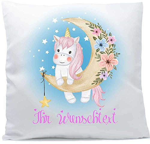 Kissen mit Namen Babyeinhorn rosa Einhorn Baby Mond Blume Stern 40x40 cm inkl. Füllung Kuschelkissen, Kissen Farbe:Vorderseite weiß/RS Herzen