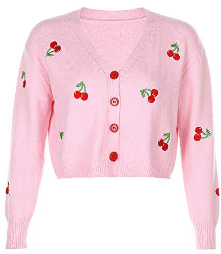 XIANZI Damen Langarm Button Cardigan Kirsche Stickerei Plaid Strick Crop Top Coat Winter Casual Strickcardigan