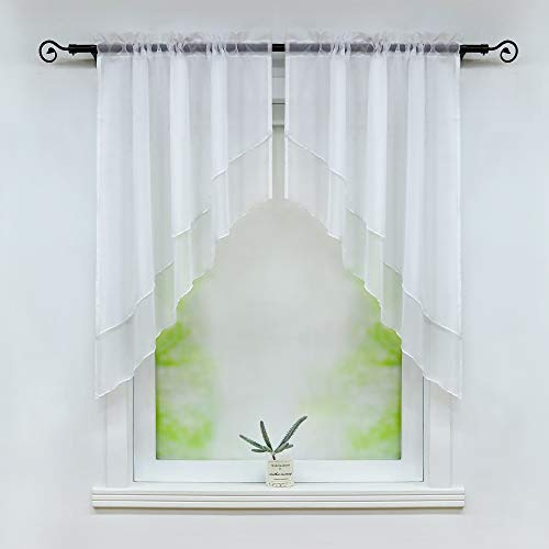 Joyswahl Scheibengardine Voile Bistrogardinen Panneaux 80x80cm Weiß | 2 Stück, Beyza Zweifarbig, 2-lagig Kurzstore mit Tunnelzug, Küchengardinen Transparent, Fenstergardinen Quaste landhaus
