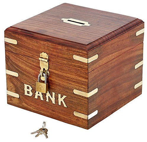 Ajuny Spardose aus Holz Quadratisch Dekoratives Sparschwein mit Schloss und Schlüssel Geldspar Aufbewahrung Münzbankbox Messinge Inlage Geburtstagsgeschenke Heim Dekoration 6x6 Zoll