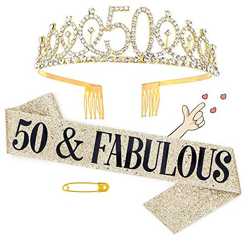 sufe 50. Geburtstag Krone & Schärpe Set, Golden, Klassisch, Frauen/Erwachsene, Ideal für Geburtstagsfeiern oder Feiern
