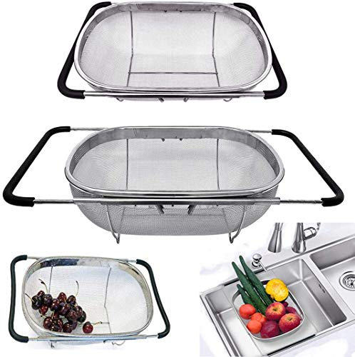 D L D - High Quality Stainless Steel Oval Strainer with 5.8L Fine Mesh Basket and Expandable Rubber Handles for Draining, Straining, Filtering and Rinsing Fruit and Vegetables (Upgrade Model)