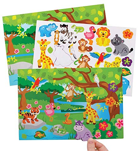 Baker Ross FE284 Jungle Animal Stickers Scenes - Pack of 5, Stickers for Kids, Great for Children Arts and Craft Activities at Home, School and Craft Groups