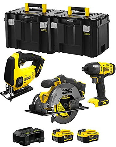 STANLEY FatMax Kit SVK305 (Scie Sauteuse SFMCS600 + Scie Circulaire SFMCS500 + Visseuse à Chocs SFMCF800 + 2 Batteries de 4,0 Ah + Chargeur + TSTAK VI)
