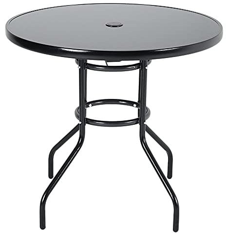 The Fellie Gartentisch Outdoor Esstisch mit Sonnenschirmloch Balkontisch mit Gehärtete Glasplatte & Metallrahmen, Runder- Couchtisch, 80 x 72cm Beistelltisch für Garten, Rasen (Schwarz)