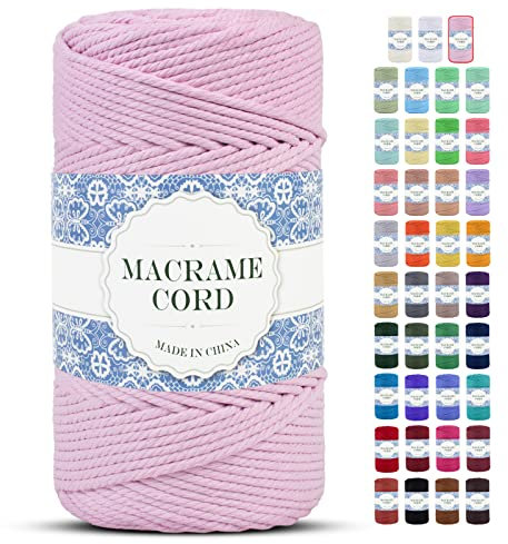 Uiopa Corde Macramé 4mm x 200m Fil Macrame Coton Naturelle 4 Brins Ficelle Macramé Corde, Cordelette 4mm pour Tressée DIY, Plante Suspendue, Rideau, Décorations Murale Boheme (Rose)